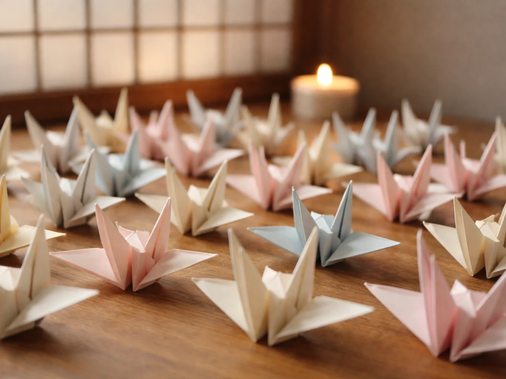 Close-up of folded origami paper cranes arranged with a soft candle glow, symbolizing peace and wishes.