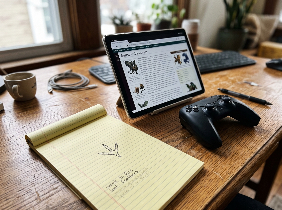Gaming context with tablet showing a creature/bestiary reference alongside notes