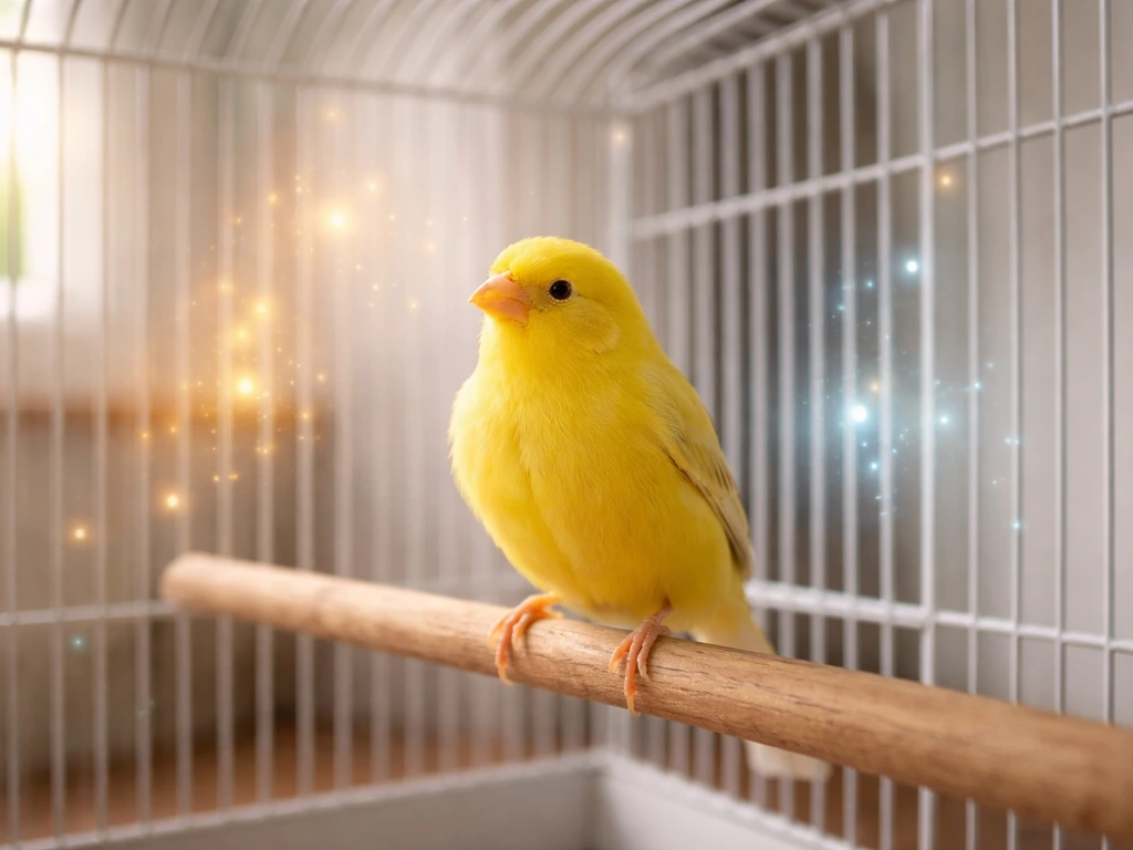 Small yellow canary perched inside a simple cage, with soft, abstract light suggesting meaning cues.