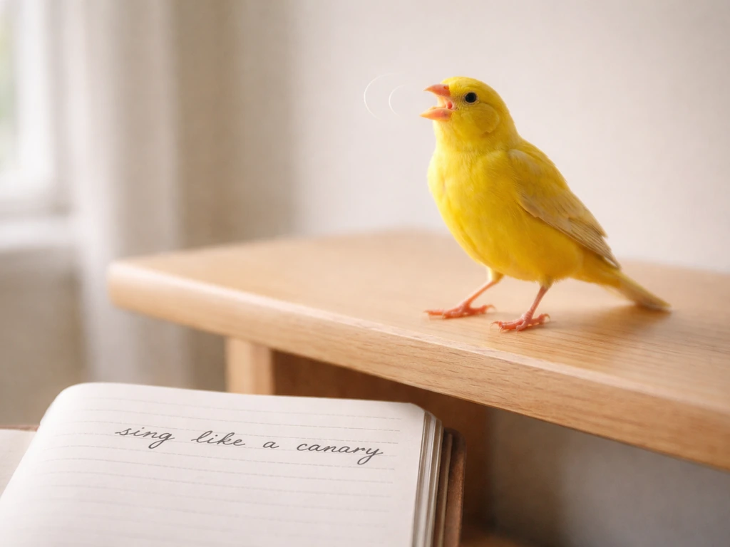 Yellow canary perched mid-song beside a handwritten notebook with a phrase about singing like a canary.