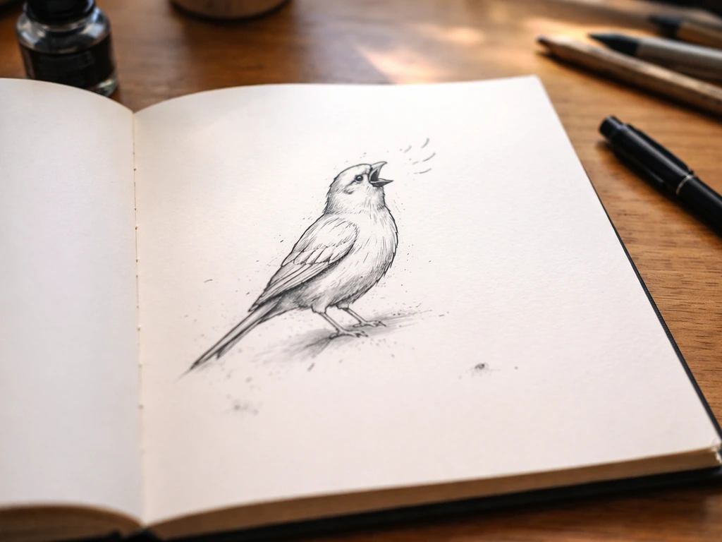 Minimal ink sketch of a canary motif on a paper page, symbolizing resilience, hope, and voice.