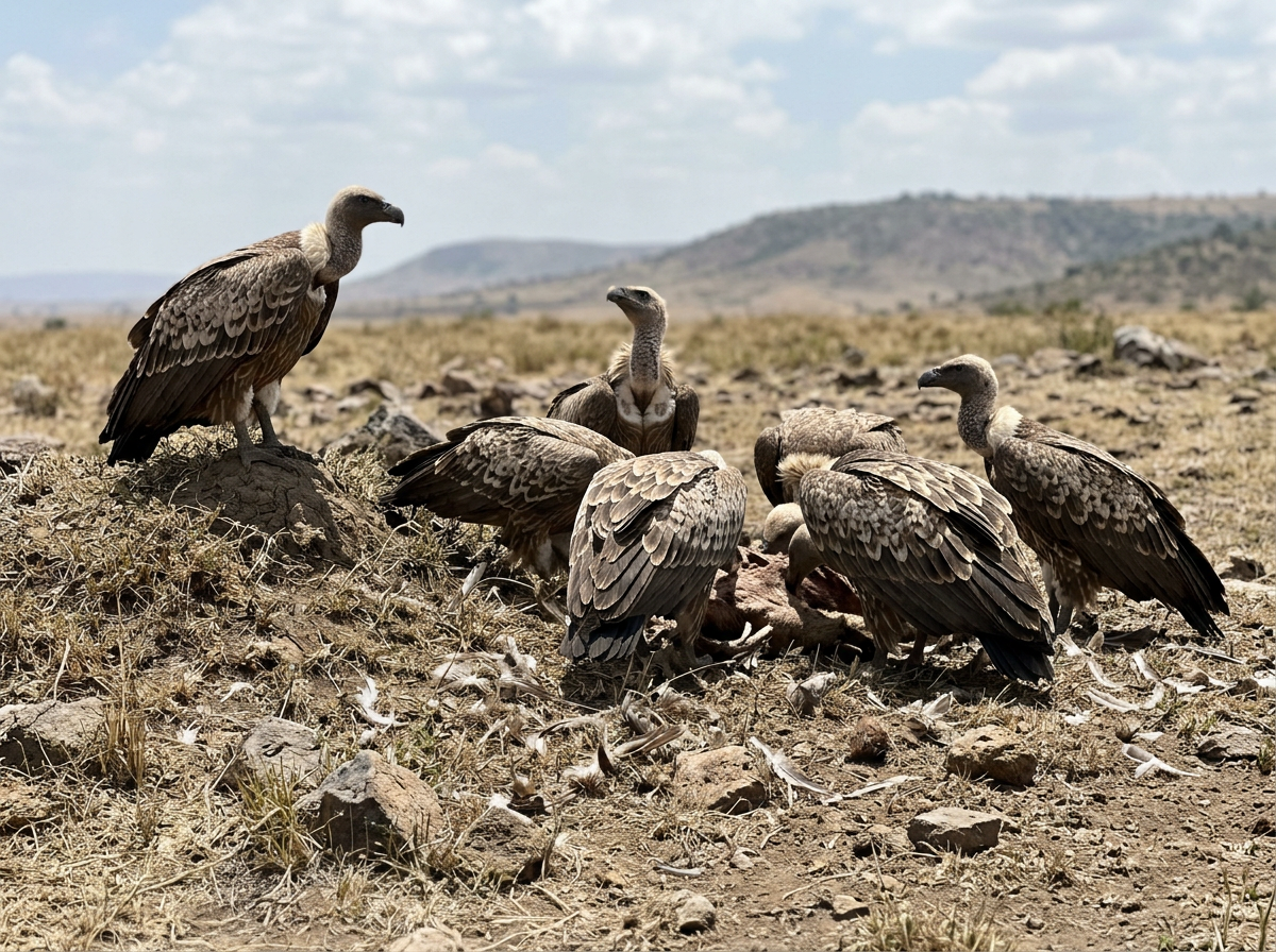 Vultures feeding on carrion from a safe viewing distance