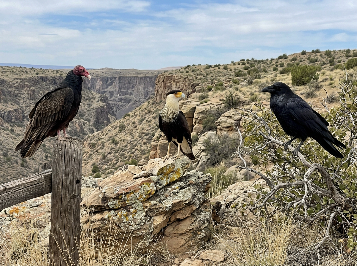 Different scavenger bird species perched in their habitats