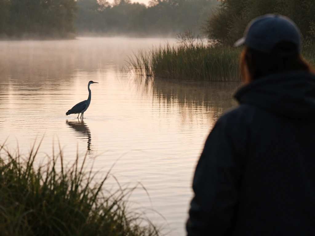 Person observing a crane wading in shallow river water from a safe distance near reeds.