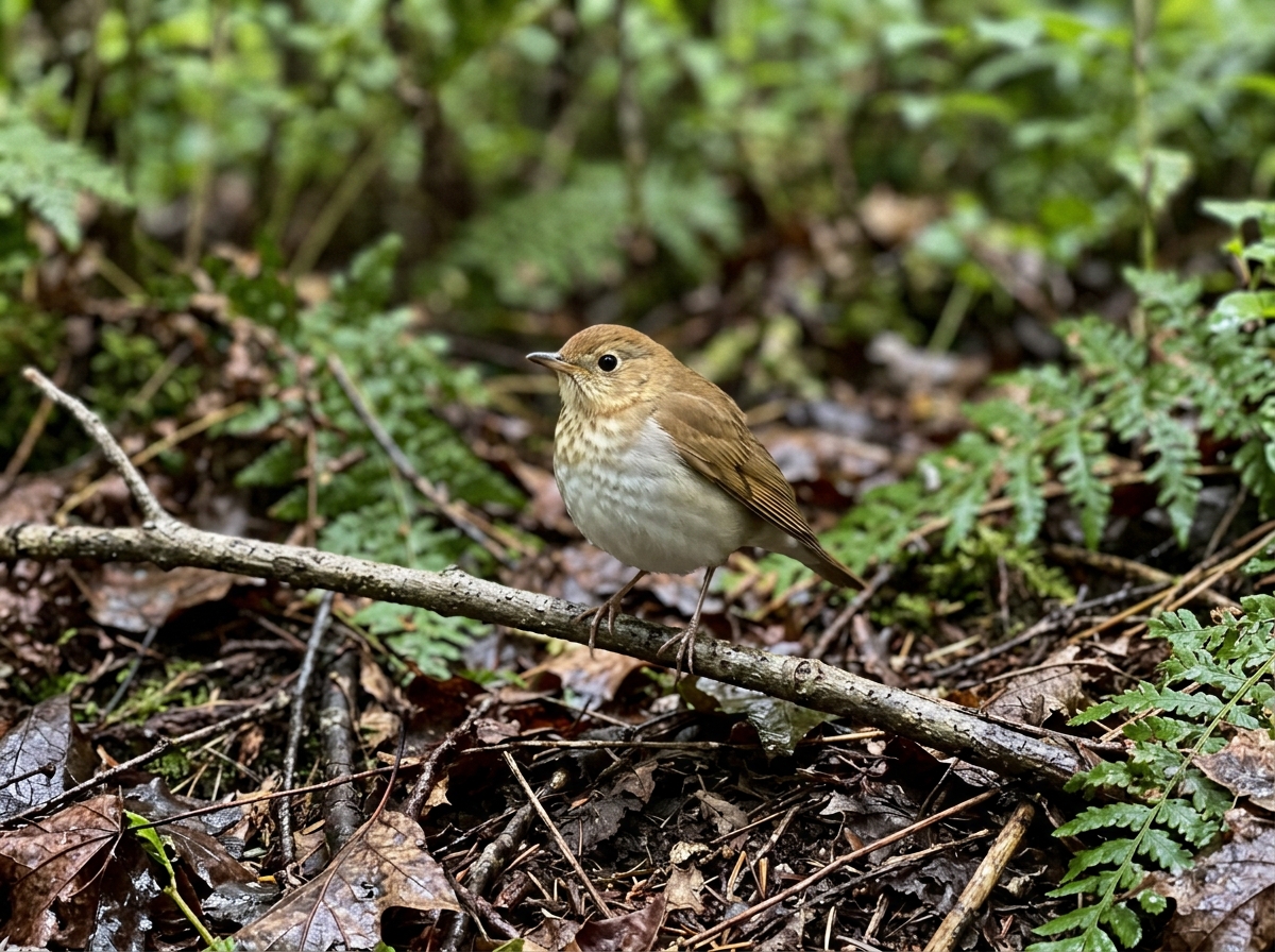 Veery perched low in moist woodland, showing tawny-brown back and faint breast spotting