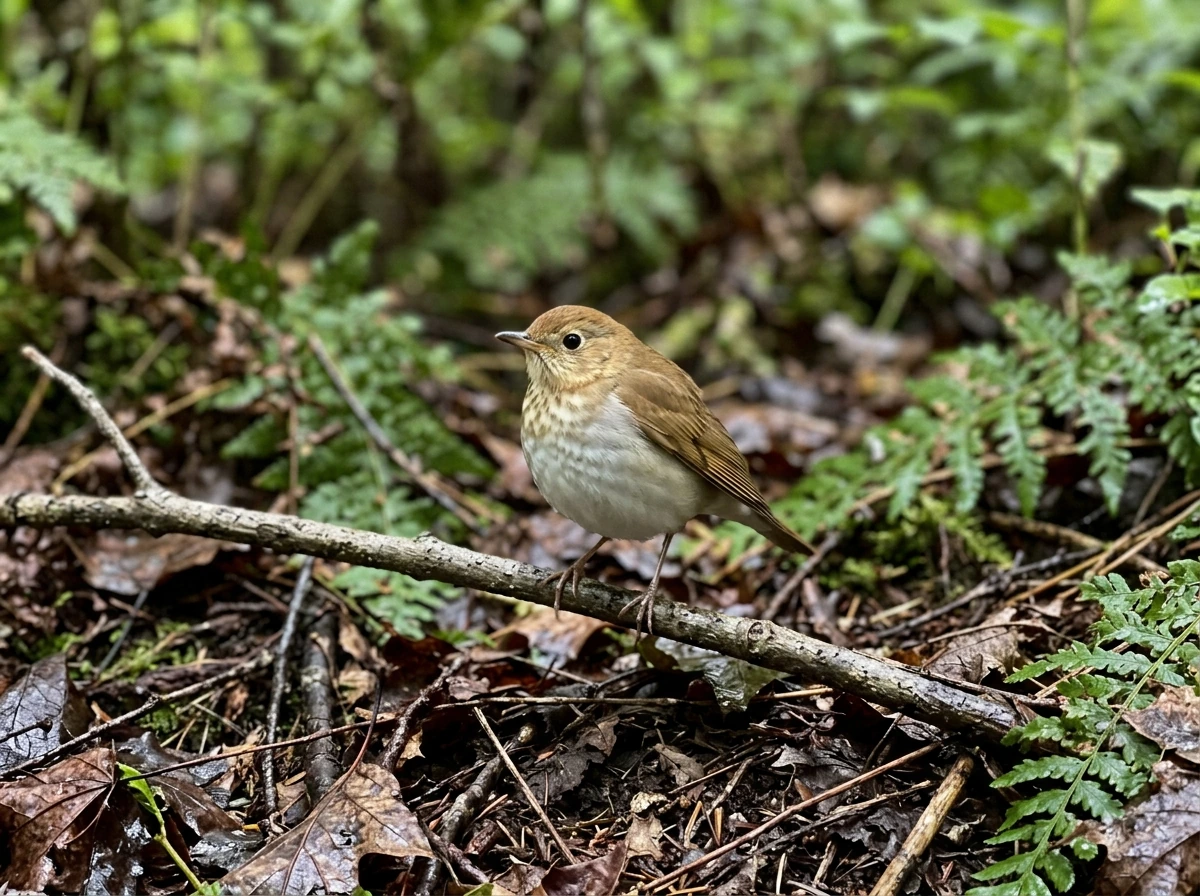 Veery perched low in moist woodland, showing tawny-brown back and faint breast spotting