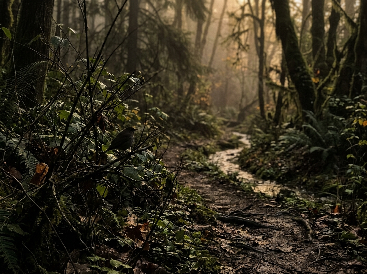 Veery in a misty, damp forest at dawn/dusk near a stream and leaf-litter trail