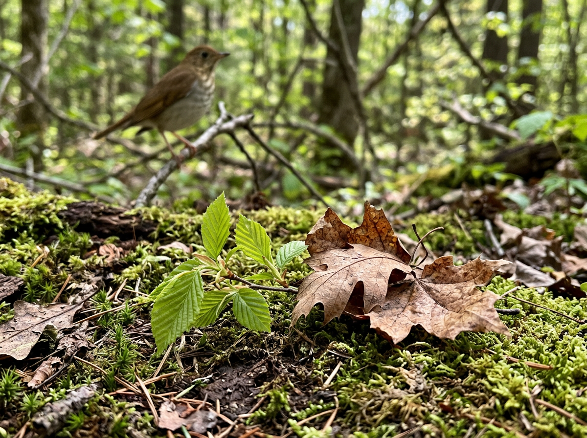 Fresh new leaves and dry leaves on forest floor with a veery in background