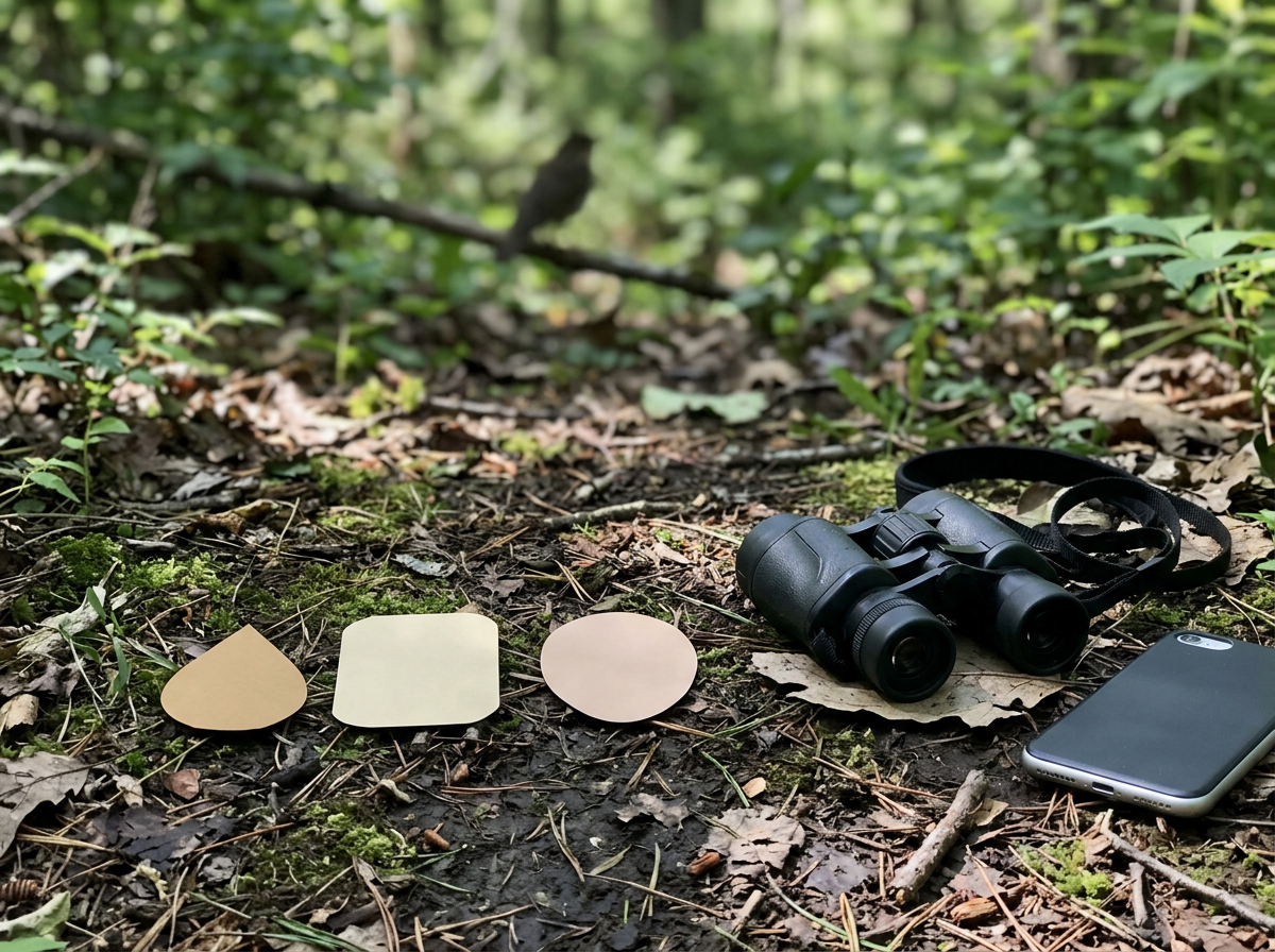 Field cue setup with binoculars and blank color swatches for veery identification