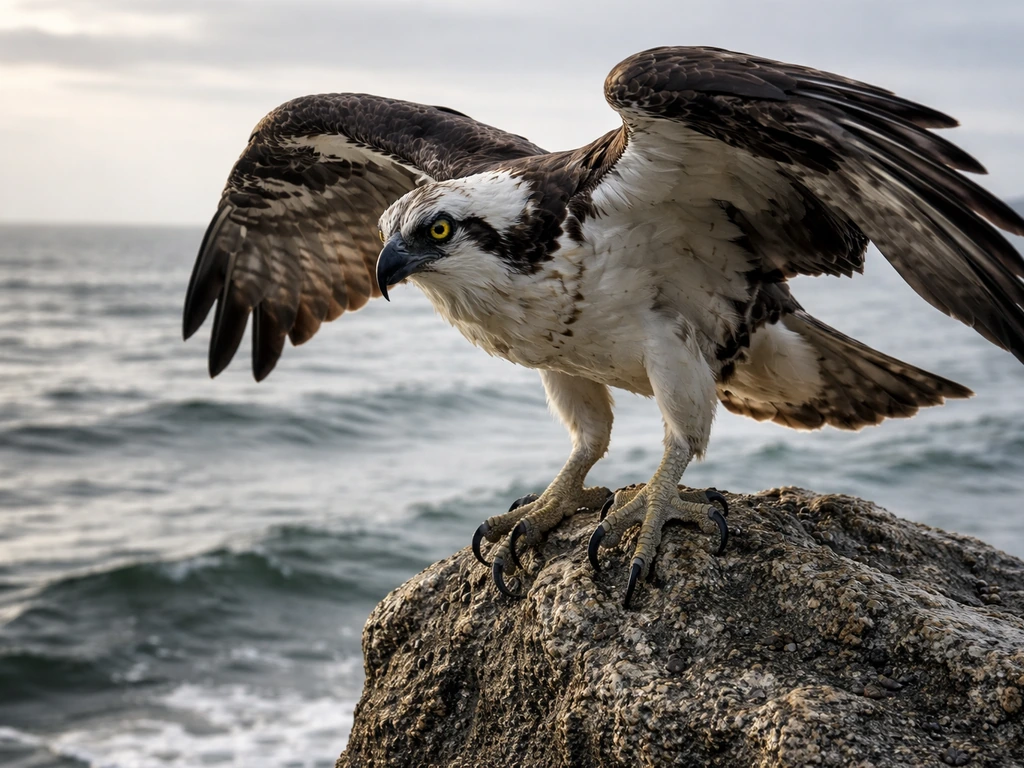 Dramatic close view of an osprey perched on a lookout above water, wings partially spread, raptor silhouette.