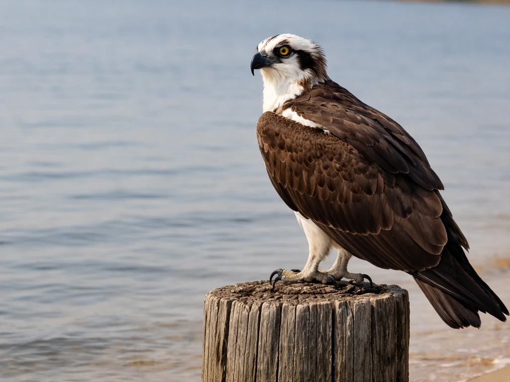 Osprey perched at a quiet shoreline, showing white head and dark eye stripe in natural light