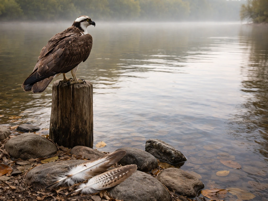 Osprey perched by a calm river with subtle feather-and-river symbolism in natural light.