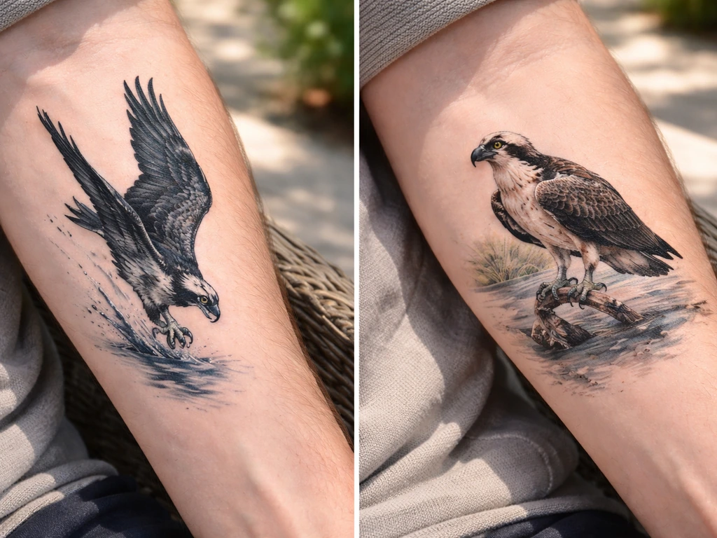 Two osprey tattoos on an arm: one mid-dive, one perched with a fish, photographed in natural light.