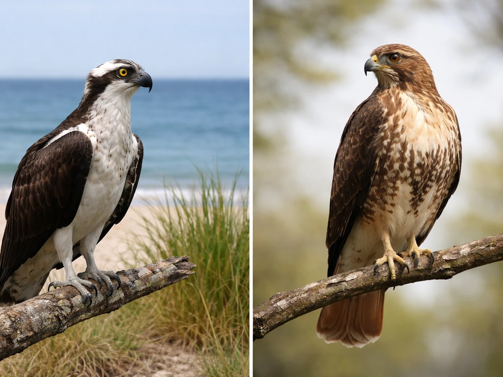 Osprey and a red-tailed hawk shown side-by-side on perches with distinct plumage and silhouettes.