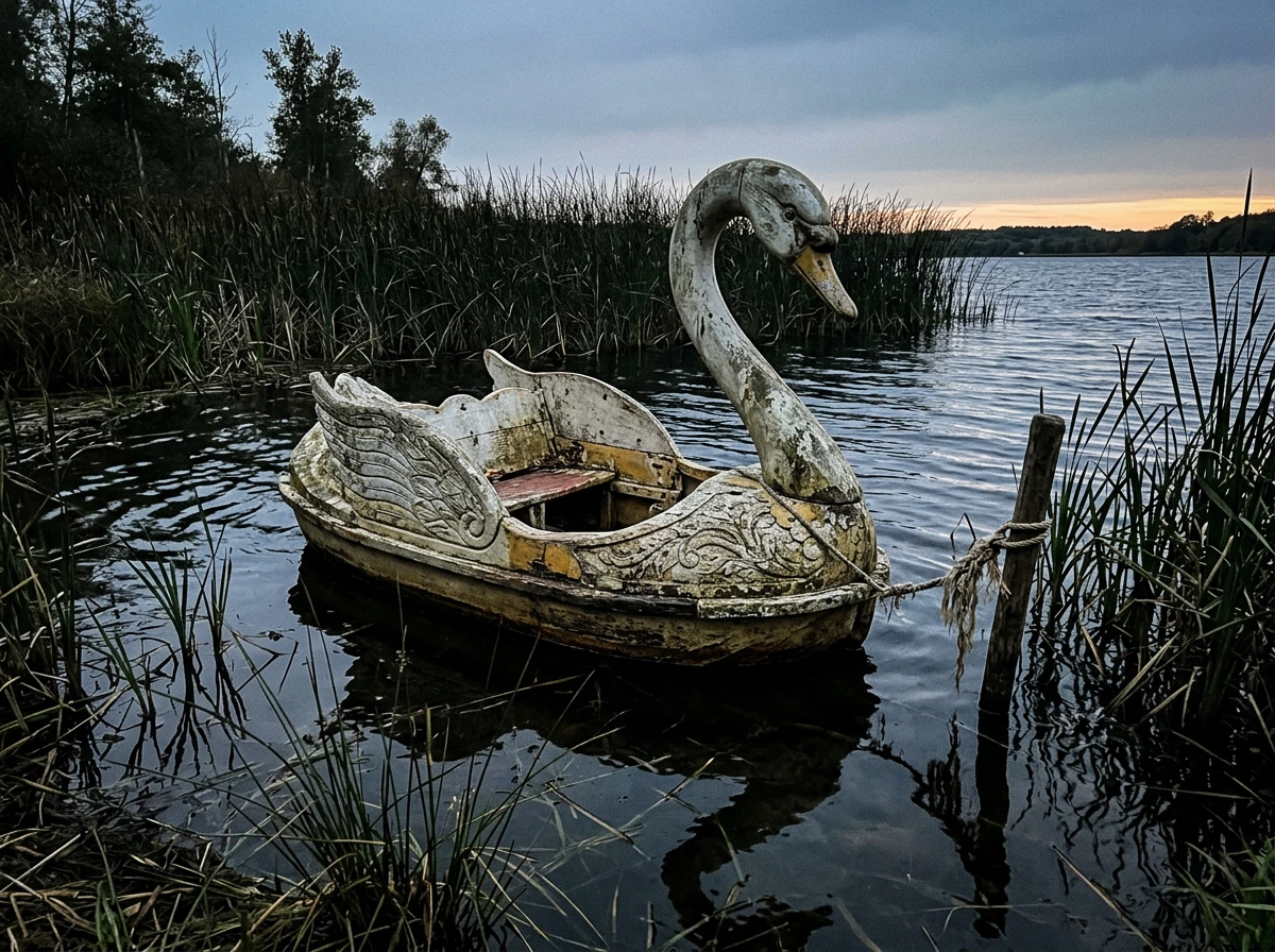 Swan-shaped folklore-style ornament/paddleboat floating on misty water.