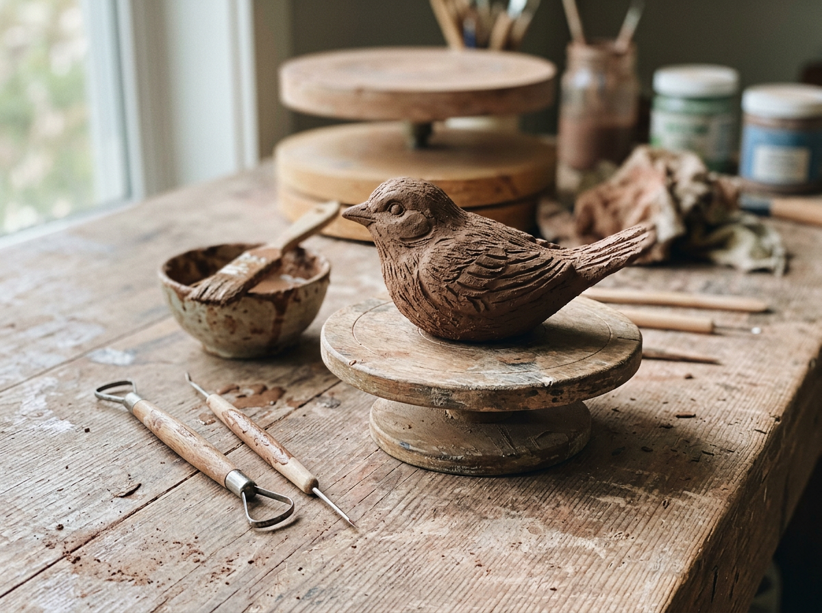 Clay bird ornament on a workbench with sculpting tools and clay