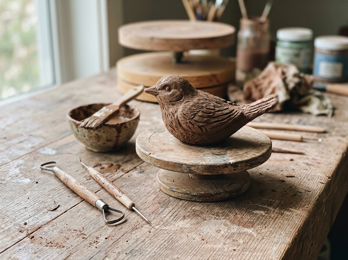 Clay bird ornament on a workbench with sculpting tools and clay