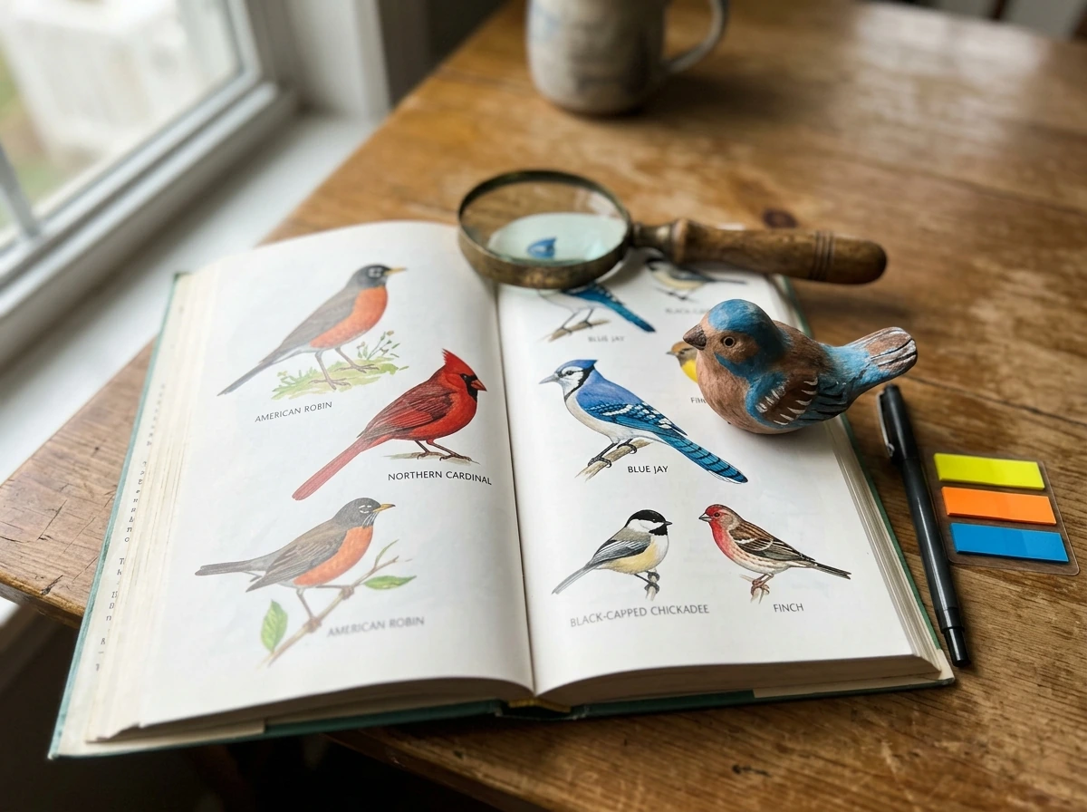 Unlabeled art book and folklore notes beside a clay bird