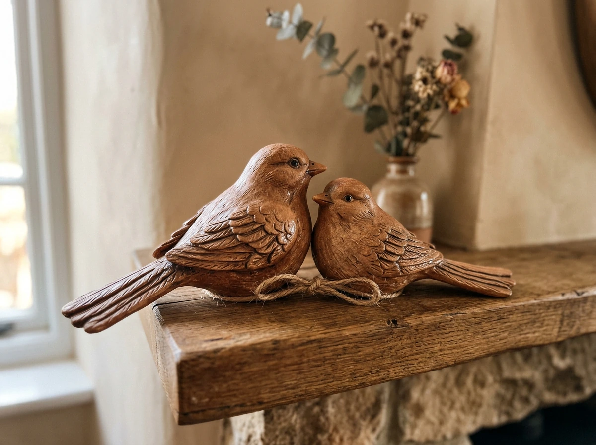 Pair of clay birds connected by twine symbolizing together meaning