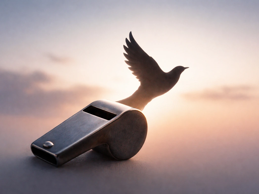 Whistle shape in the foreground morphing into a silhouetted bird, symbolizing reporting wrongdoing.