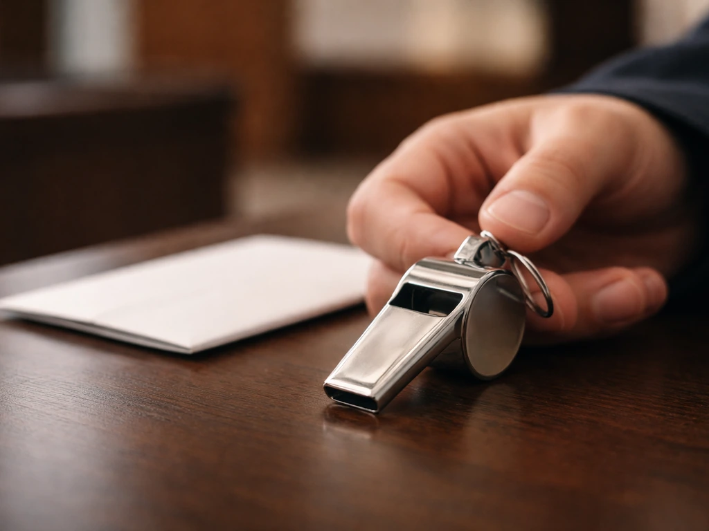 Close-up of a whistle held near a hand, with a subtle symbolic sense of stopping and reporting