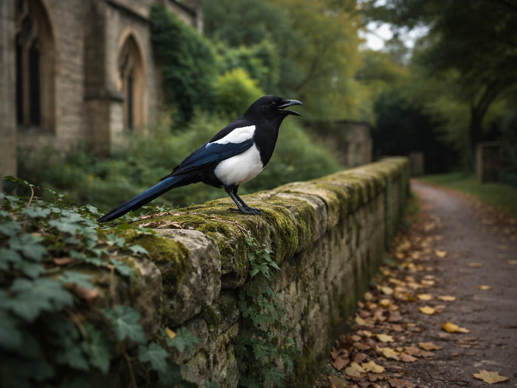 European magpie perched on an old stone wall, calling loudly beside an ivy-covered path.