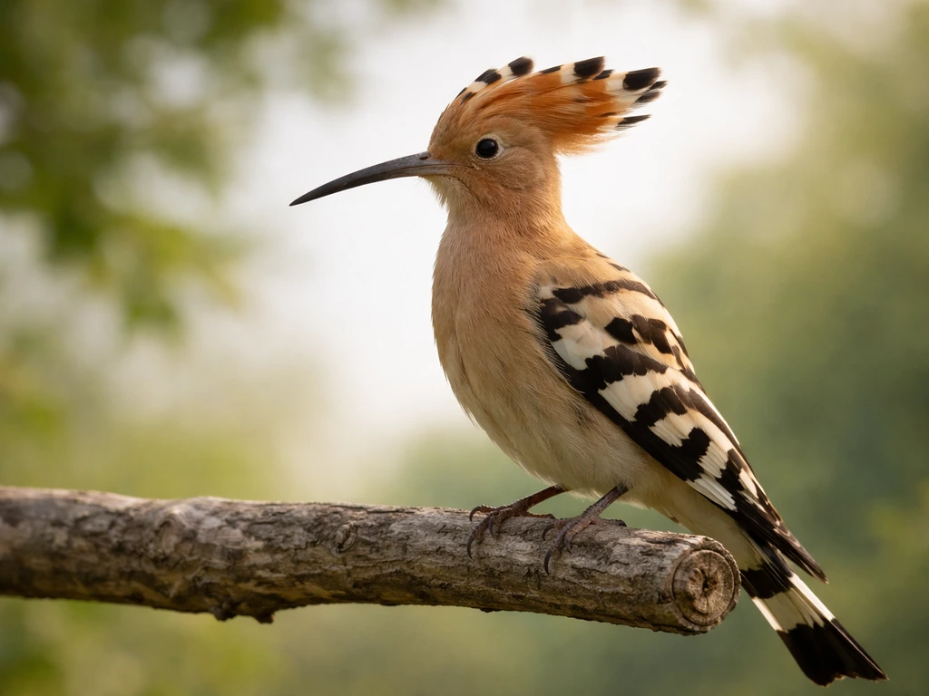 Eurasian hoopoe perched on a branch with crest feathers fanned, softly lit against blurred greenery.
