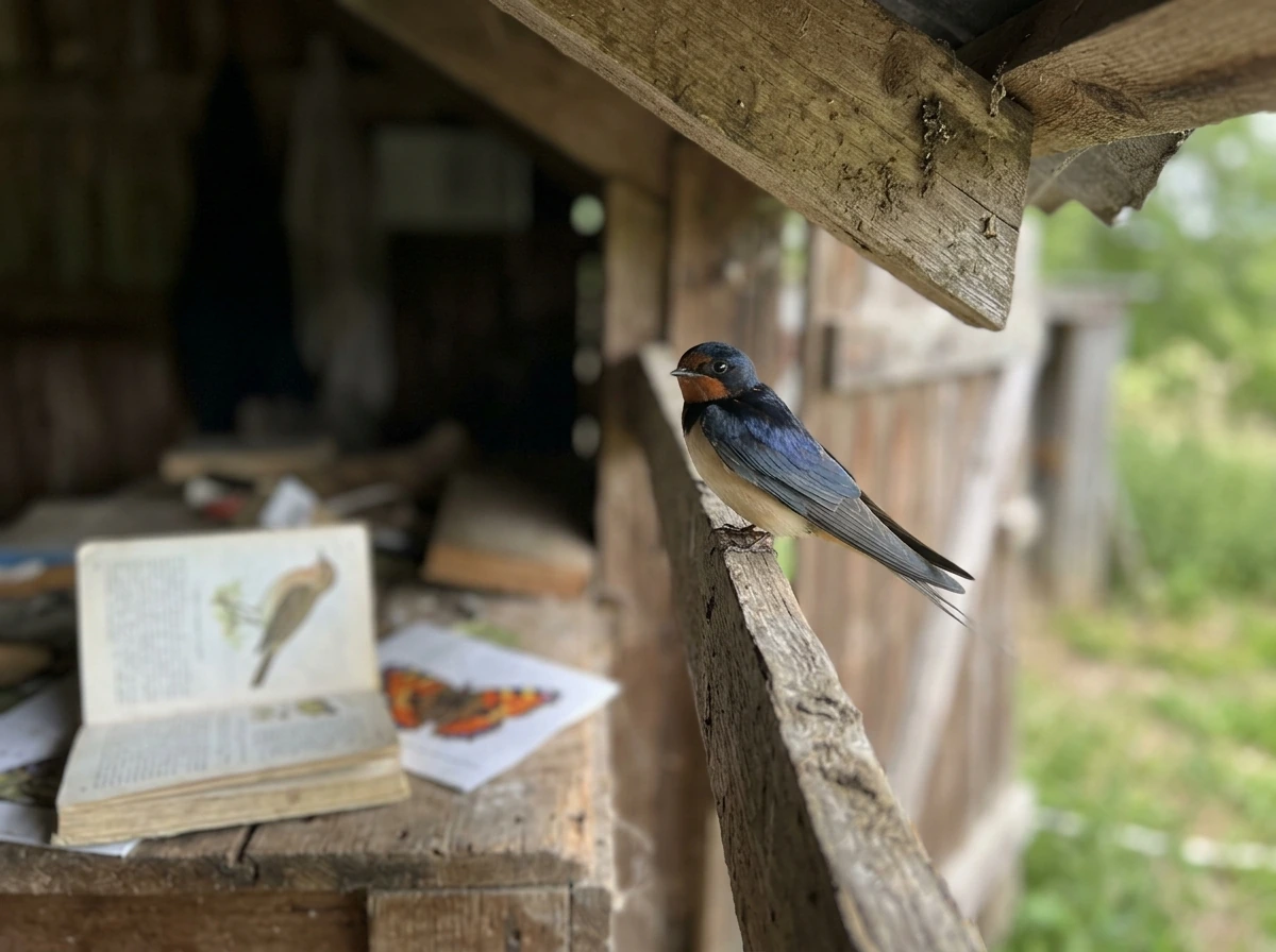 Barn-swallow-like bird with forked tail alongside a butterfly and bird guide to show disambiguation
