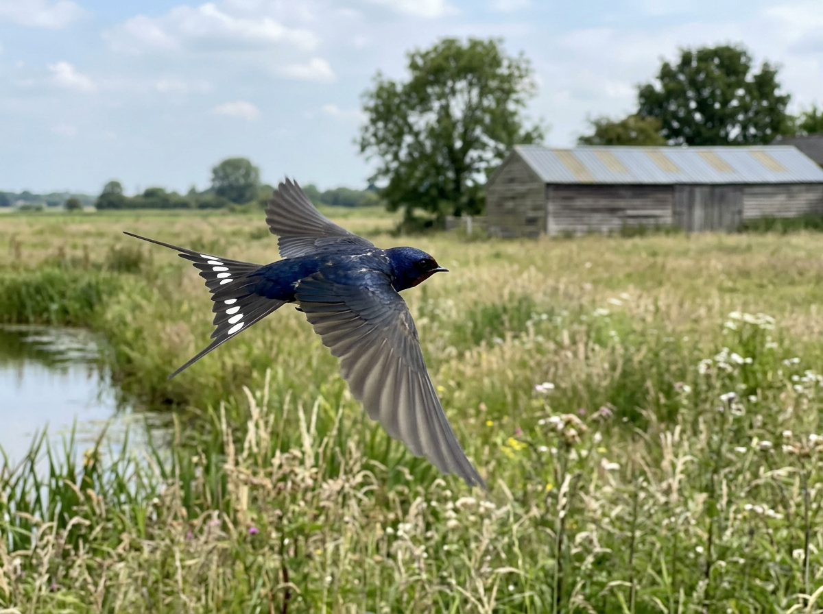 Barn swallow swooping over fields with a deeply forked tail