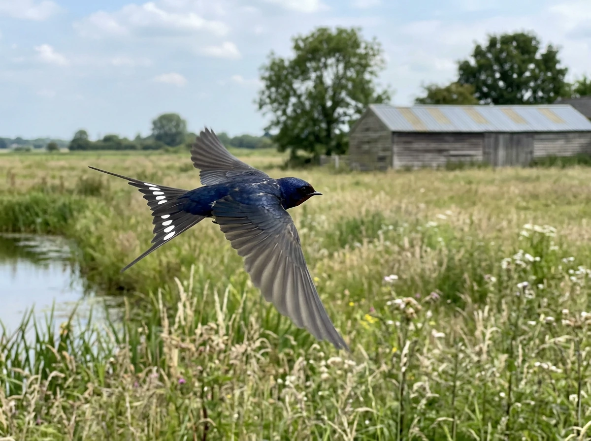 Barn swallow swooping over fields with a deeply forked tail