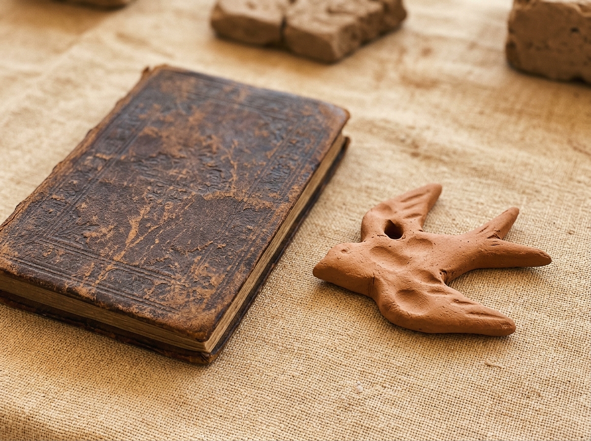 Swallow-themed amulet and artifact-inspired objects evoking ancient Mediterranean symbolism