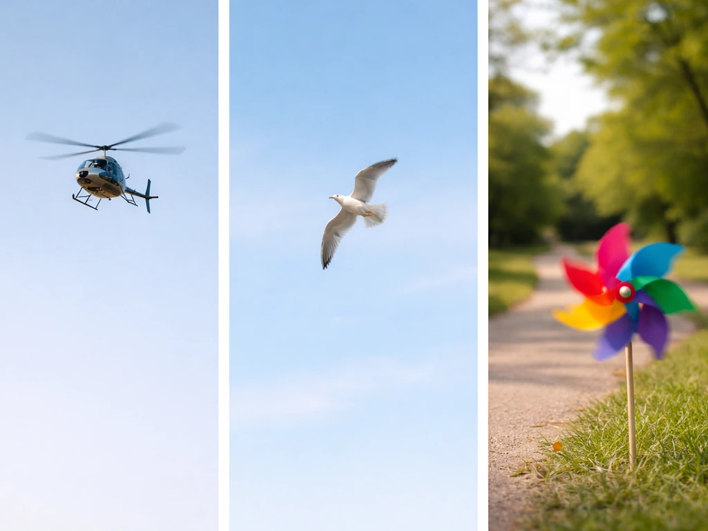 Three-part minimalist scene: a helicopter in the sky, a spiraling bird in flight, and a playful park moment.