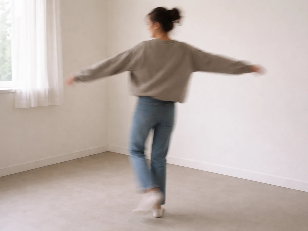 Person in motion blur twirling in a simple room, symbolizing “whirly bird” figuratively