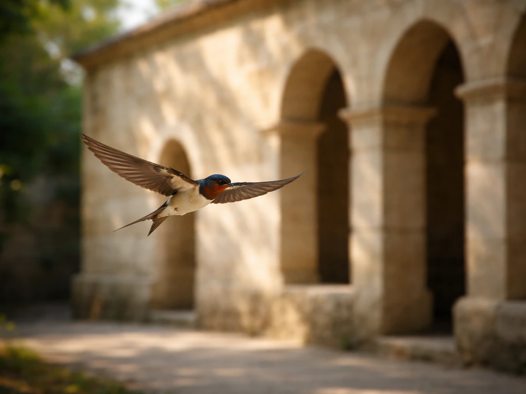 A swallow bird flying near a warm stone temple-like building facade in soft natural light.