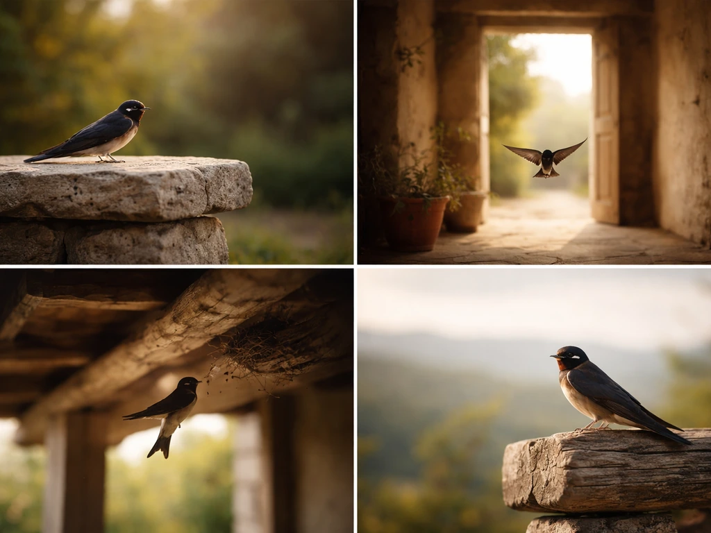 Four-photo panels showing a swallow near an altar, in a courtyard, under a porch, and perched on a beam.