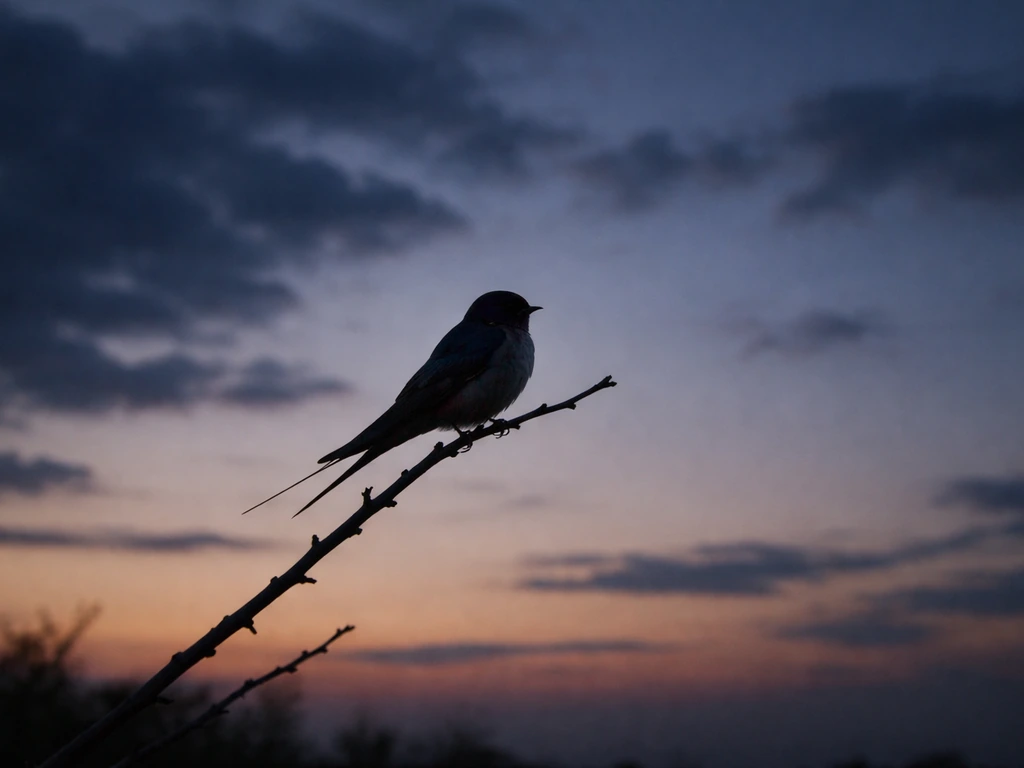 A swallow perched at dusk against a fading blue-orange sky, creating a somber, lament-like mood.