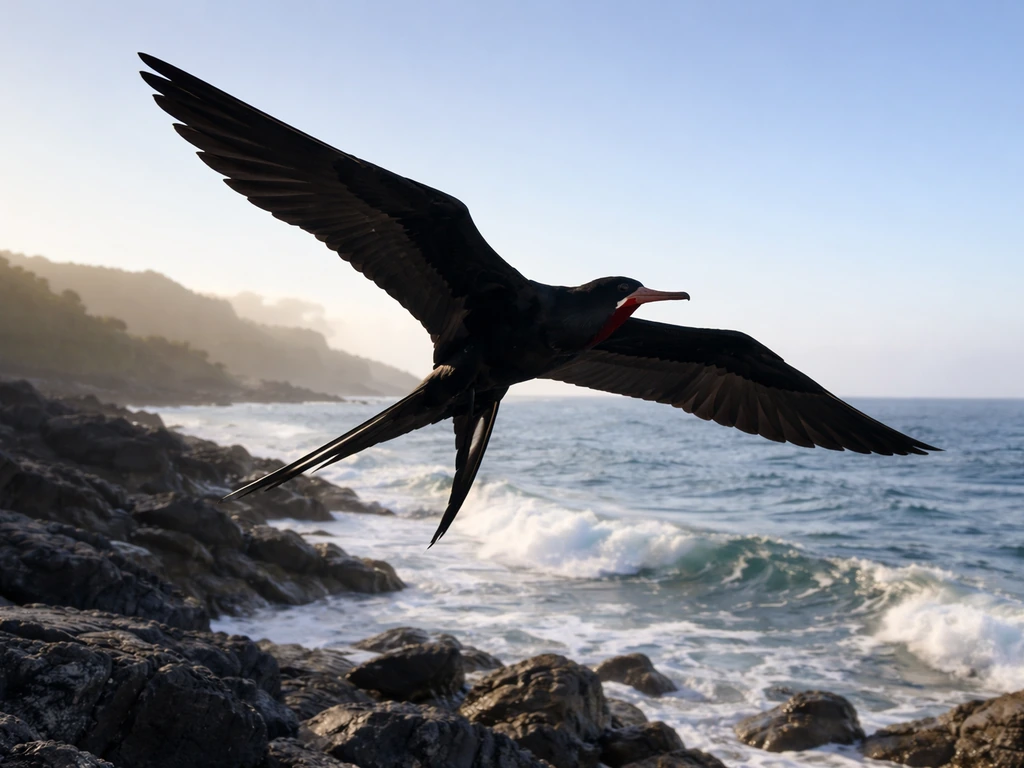 Glossy black ʻiwa seabird gliding in flight over a Hawaiian coastline with ocean foam below.