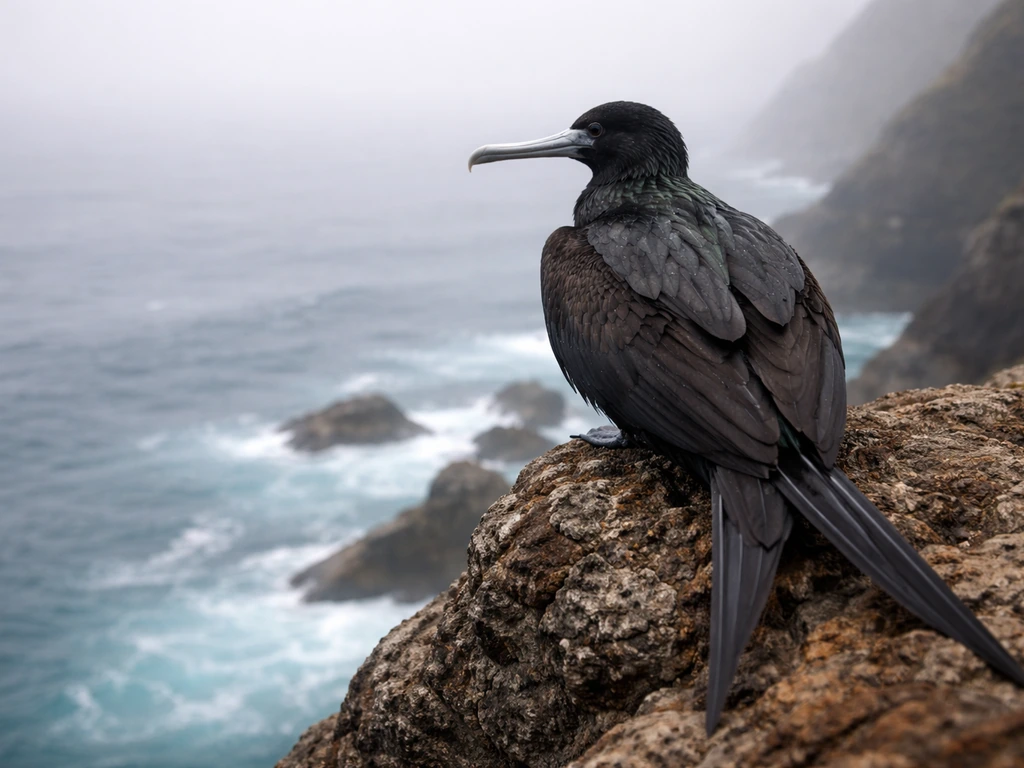Glossy-black ʻiwa seabird perched on a coastal cliff with its dramatic forked tail, ocean blurred below.