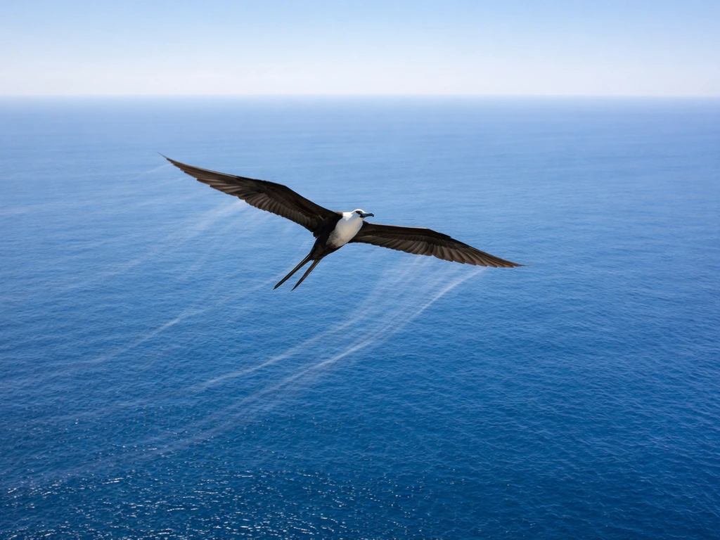 ʻIwa hawk soaring high above the ocean, wings blurred mid-stroke with faint thermal wisps