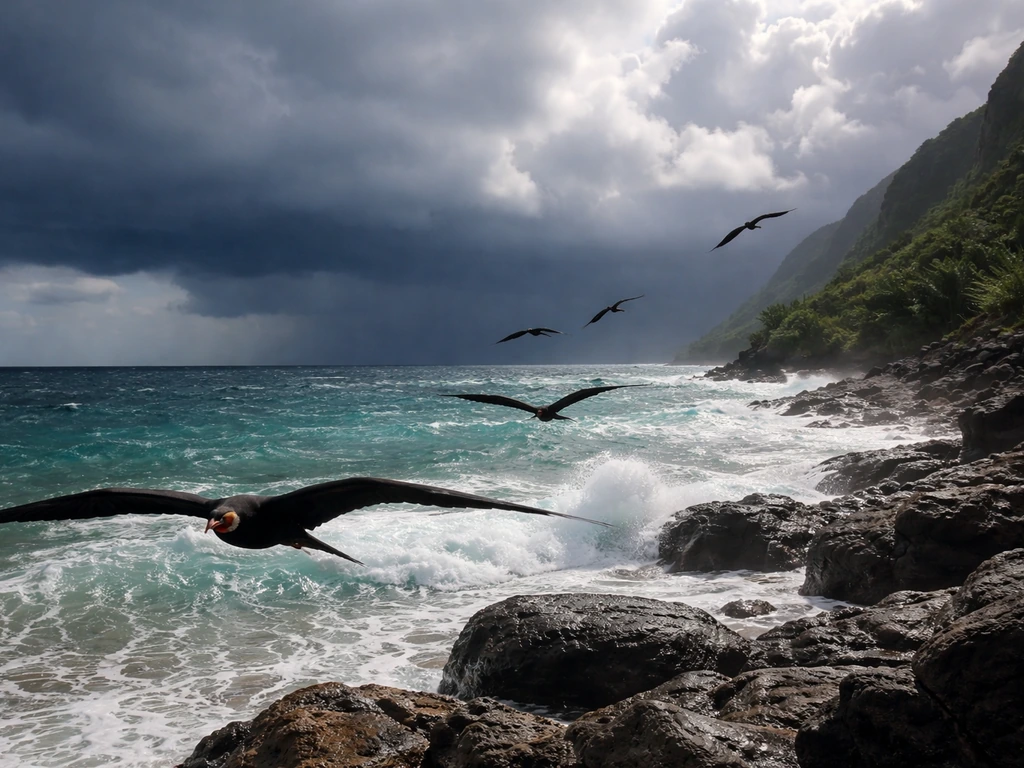 Several black ʻiwa seabirds circle over a rough Hawaiian coast as storm clouds gather ahead.