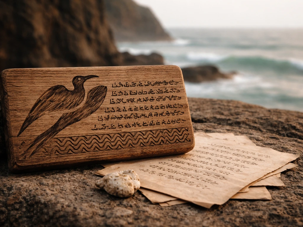 Close-up of carved wood and aged parchment with an ʻiwa silhouette, on a stone by ocean cliffs.