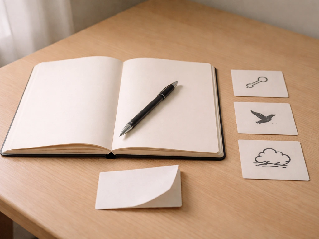 Open notebook with pen and three small symbol cards for journaling prompts on a wooden desk.