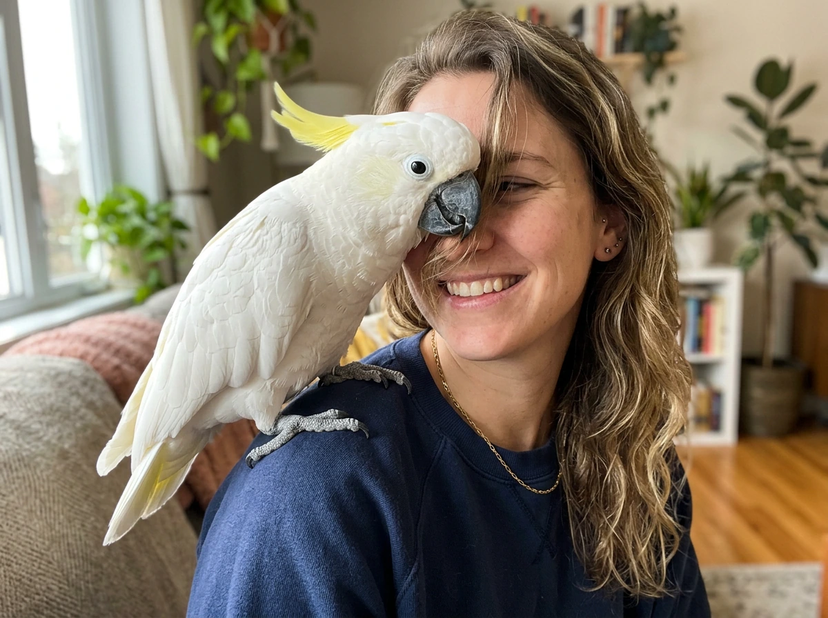 Cockatoo perched on an owner’s shoulder like it’s attached with clingy behavior