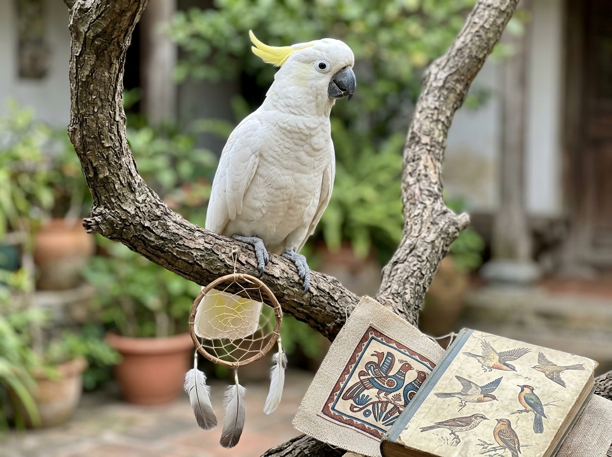 Bird symbolism setup: bird perched on a branch with meaningful cultural objects nearby