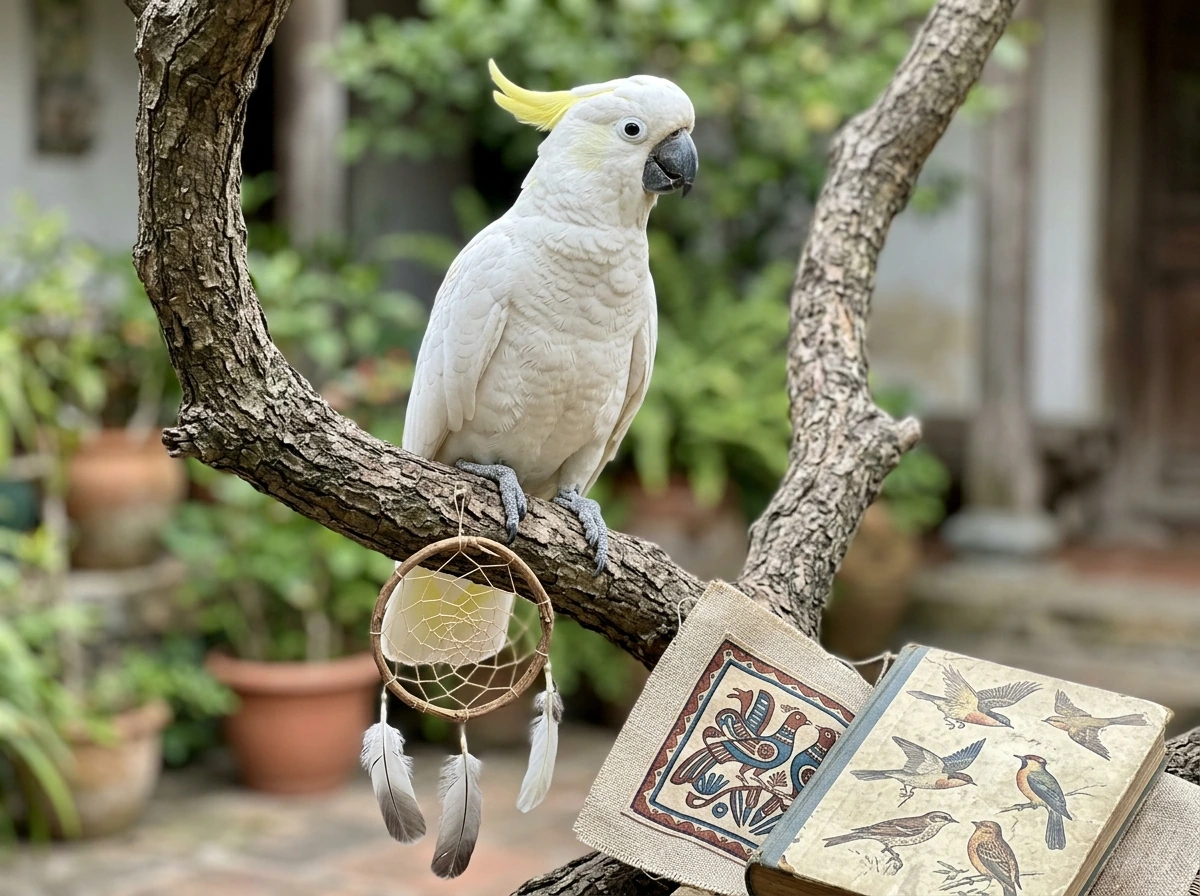 Bird symbolism setup: bird perched on a branch with meaningful cultural objects nearby