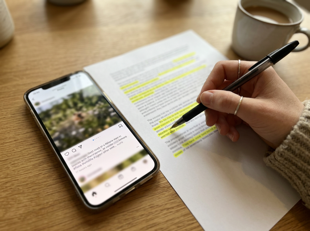 Checklist method: fingers pointing to highlighted clues in a social media caption about a pet bird