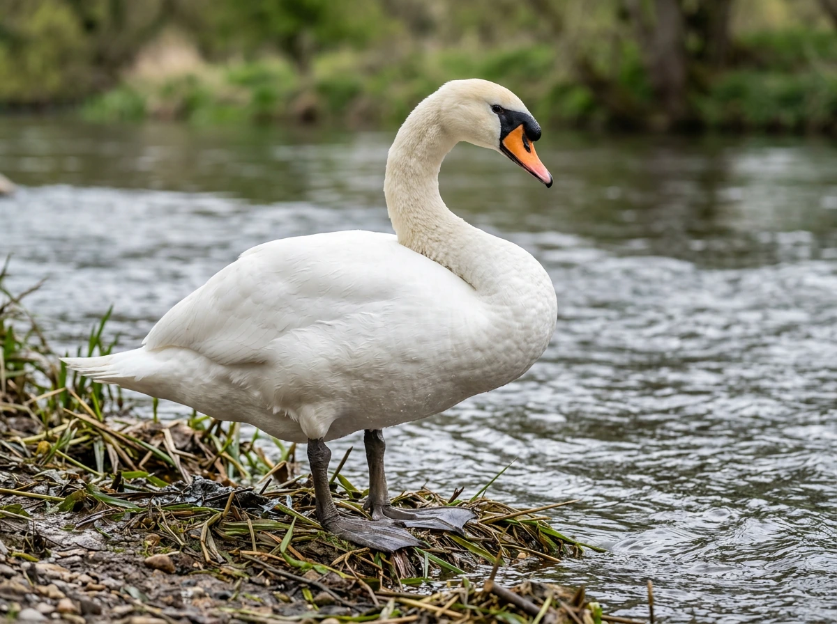 Adult male mute swan (the “cob”): close view of bill knob and water reflections.
