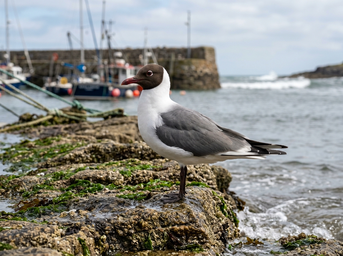 Black-headed gull standing near rocks/harbor, photographed as a folk “cob.”