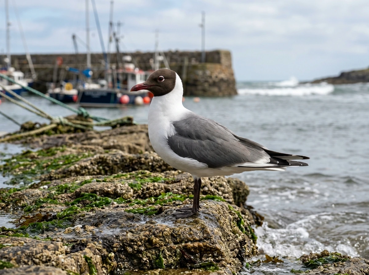 Black-headed gull standing near rocks/harbor, photographed as a folk “cob.”