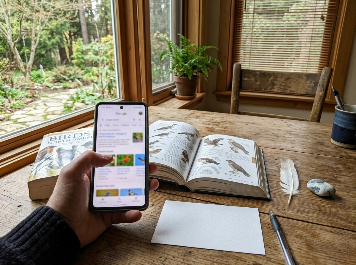 Desk setup with bird guide and cues to quickly confirm “cob bird” meaning.